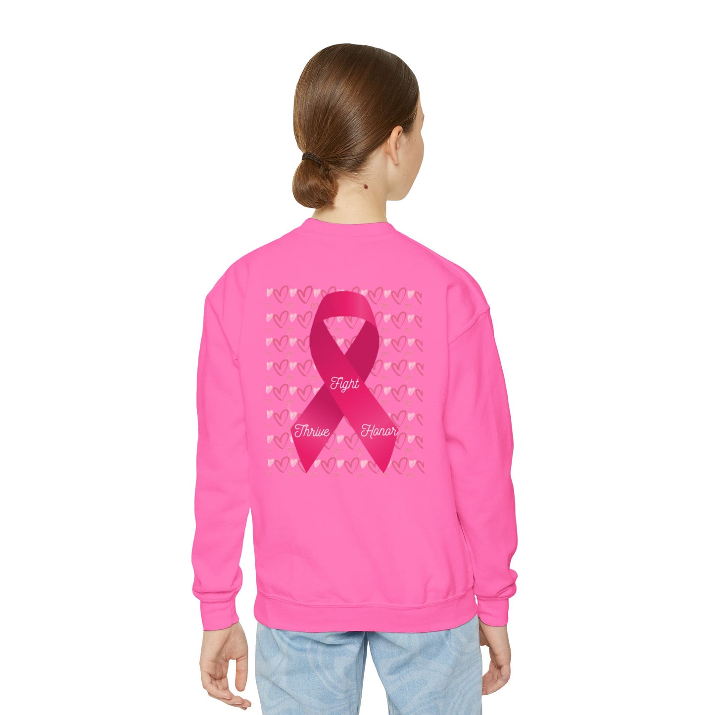 Approach Apparel Breast Cancer Awareness Youth Crewneck Sweatshirt, Supportive Apparel, Gift for Teens, Love, Empowerment, Pink Ribbon