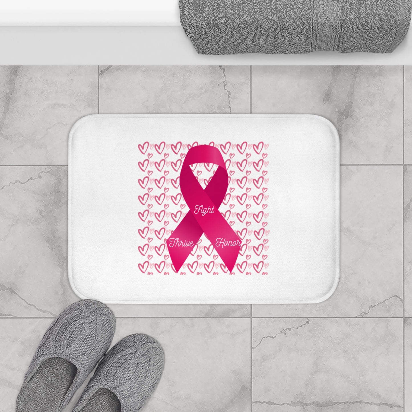 Approach Apparel Pink Ribbon Bath Mat for Awareness, Fight Cancer Bathroom Decor, Support Breast Cancer Fighters, Gift for Survivors, Heart Ribbon Design